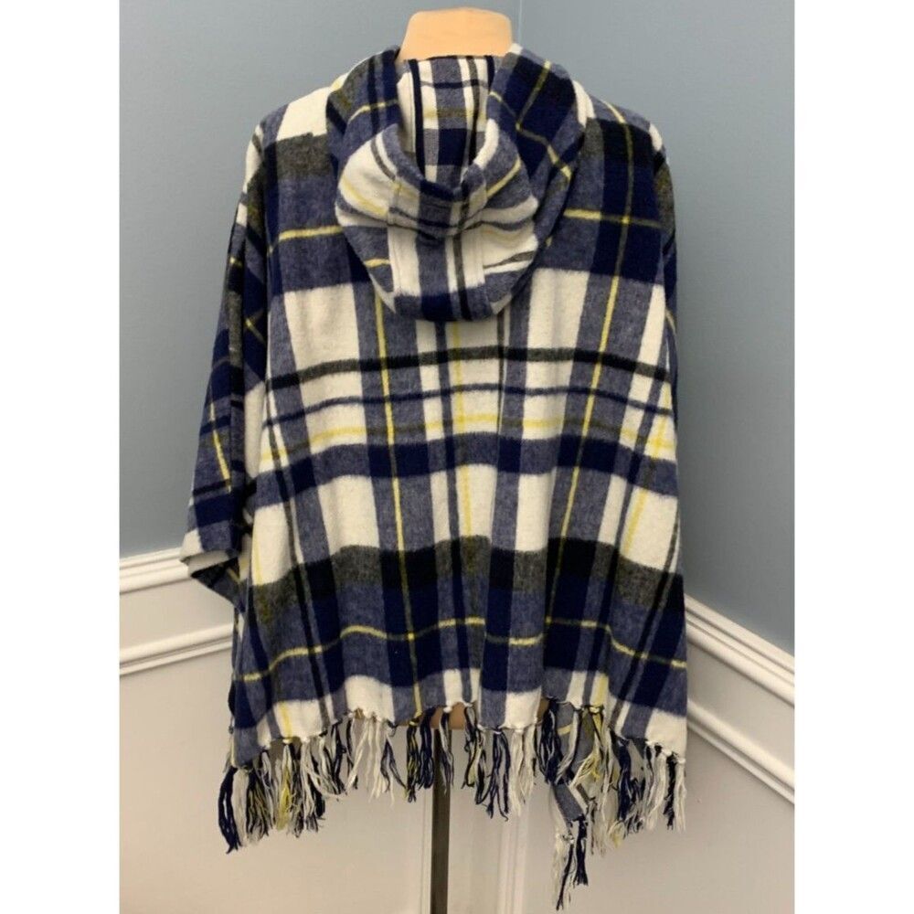 Quiksilver Poncho Womens Wool Hooded Zip-Up Ponchito Blue Plaid Fringe - Picture 2 of 7